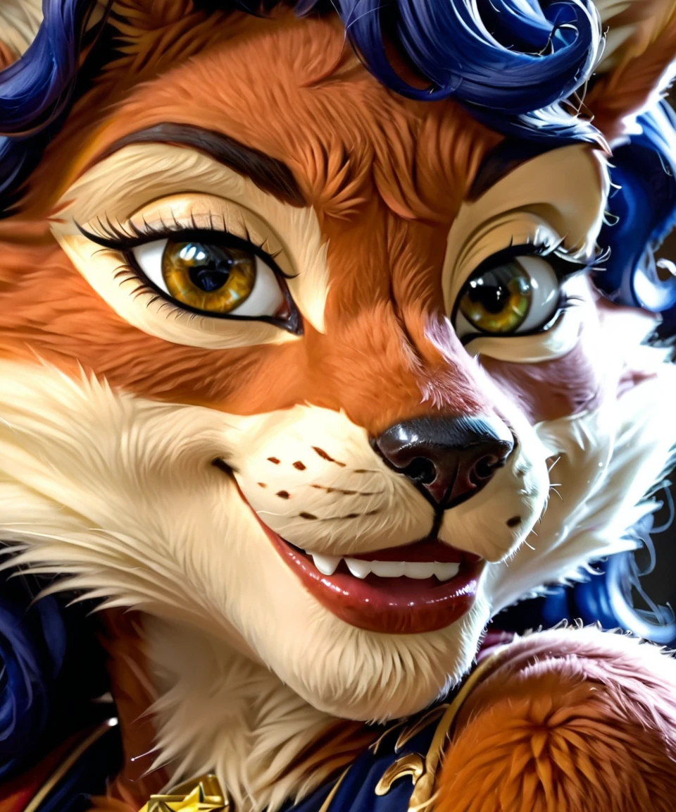 anthro, great lighting, (soft fur, fluffy fur, detailed fur:1.5), sharp details, ziprealism, photo, realistic, irl,\n\ncarmelita_fox, vixen, female, half closed eyes, solo, (close up face, face focus, smile face), 