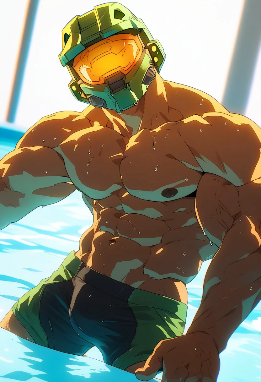 score_9,score_8_up,score_7_up,source anime, master chief,spartan,helmet,faceless,
1boy, solo, male focus, muscular, bara, muscular male, abs, pectorals, nipples, large pectorals, male swimwear, water, topless male, mature male, wet, navel, looking at viewer,bulge, stomach, swim briefs
BREAK, sharp shadows,direct lighting,vibrant colors,in pool,glow effect,bloom,edge color fringing,chromatic aberration,
<lora:NijijourneyV6Style-000016:1> <lora:MasterChief_PonyXL-000008:1>