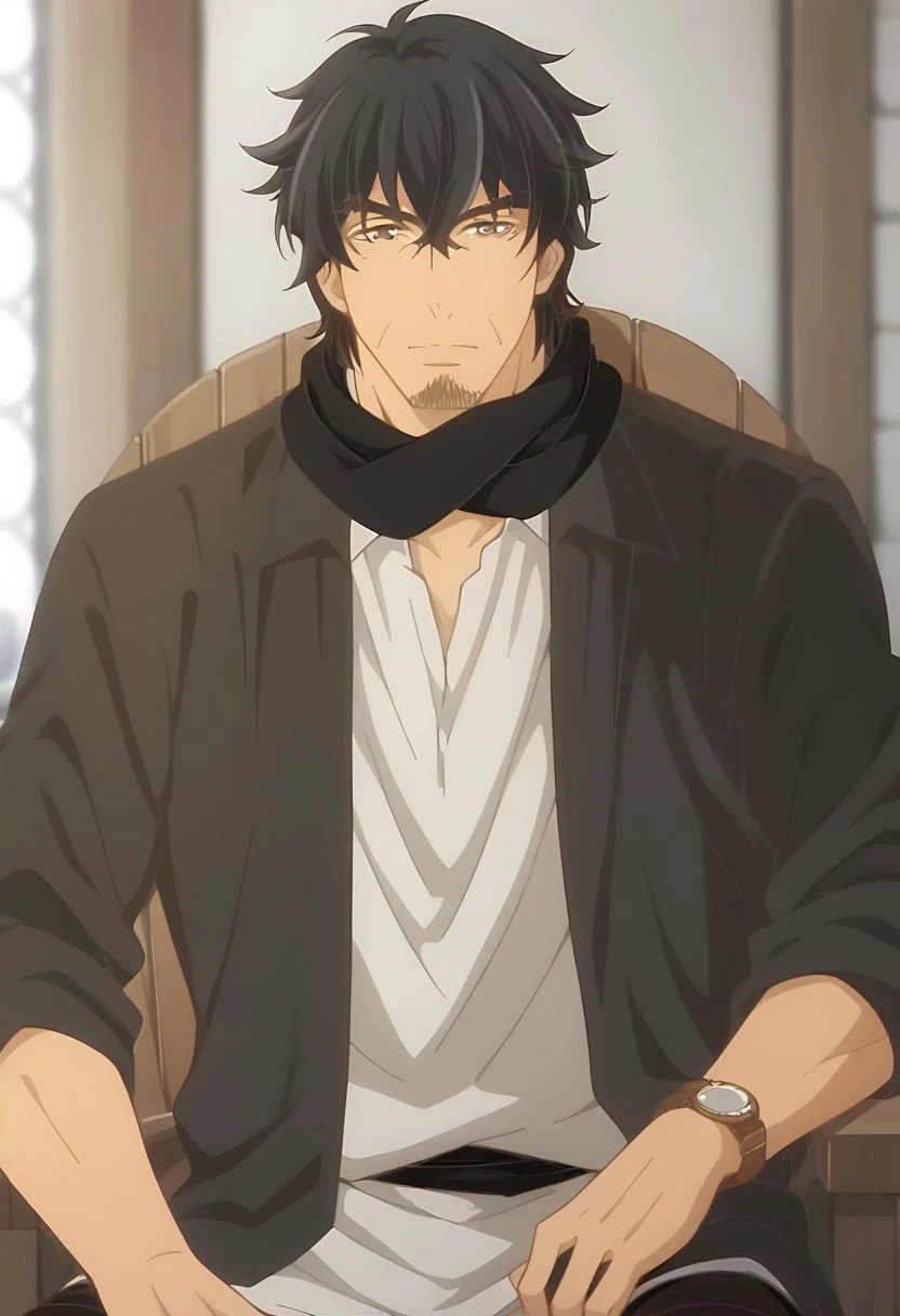 score_9, score_8_up, score_7_up, source_anime, rating_safe, LeoArte, 1boy, male focus, anime screencap, black scarf, plain black jacket over white medieval shirt, black cloth strip around waist, sitting on chair, finely detailed face, blurry indoors, watch the anime