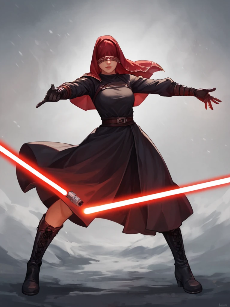 score_9, score_8_up, score_7_up, visasmarr, red veil, covered eyes,   1girl, black robes, gloves, boots, solo, force lightning, outstretched hand, looking at viewer, weapon, red lightsaber