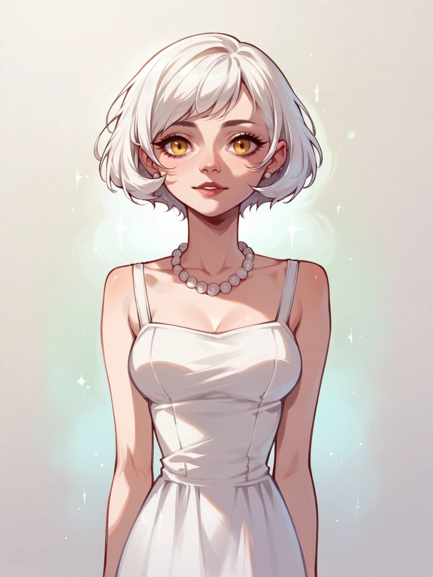 score_9, score_8_up, score_7_up, score_6_up, score_5_up,  <lora:s3dus4XLP:0.8> 1m4, white dress, 1girl, yellow eyes, white hair, short hair, jewelry, pearl necklace,