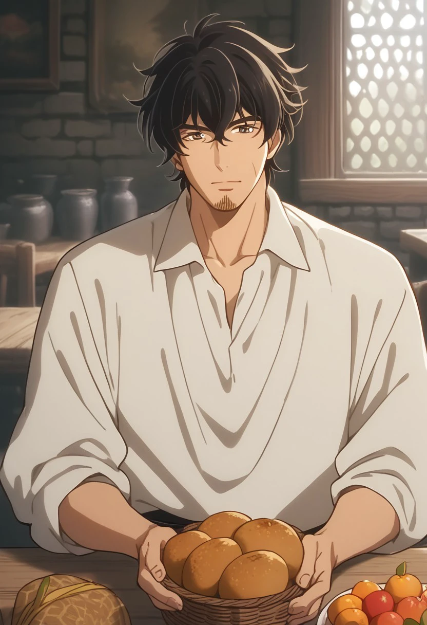 score_9, score_8_up, score_7_up, source_anime, rating_safe, wooden table, fruits in basket, LeoArte, 1boy, male focus, behind medieval table, white tunic, holding bread, finely detailed face, eat for the atelier