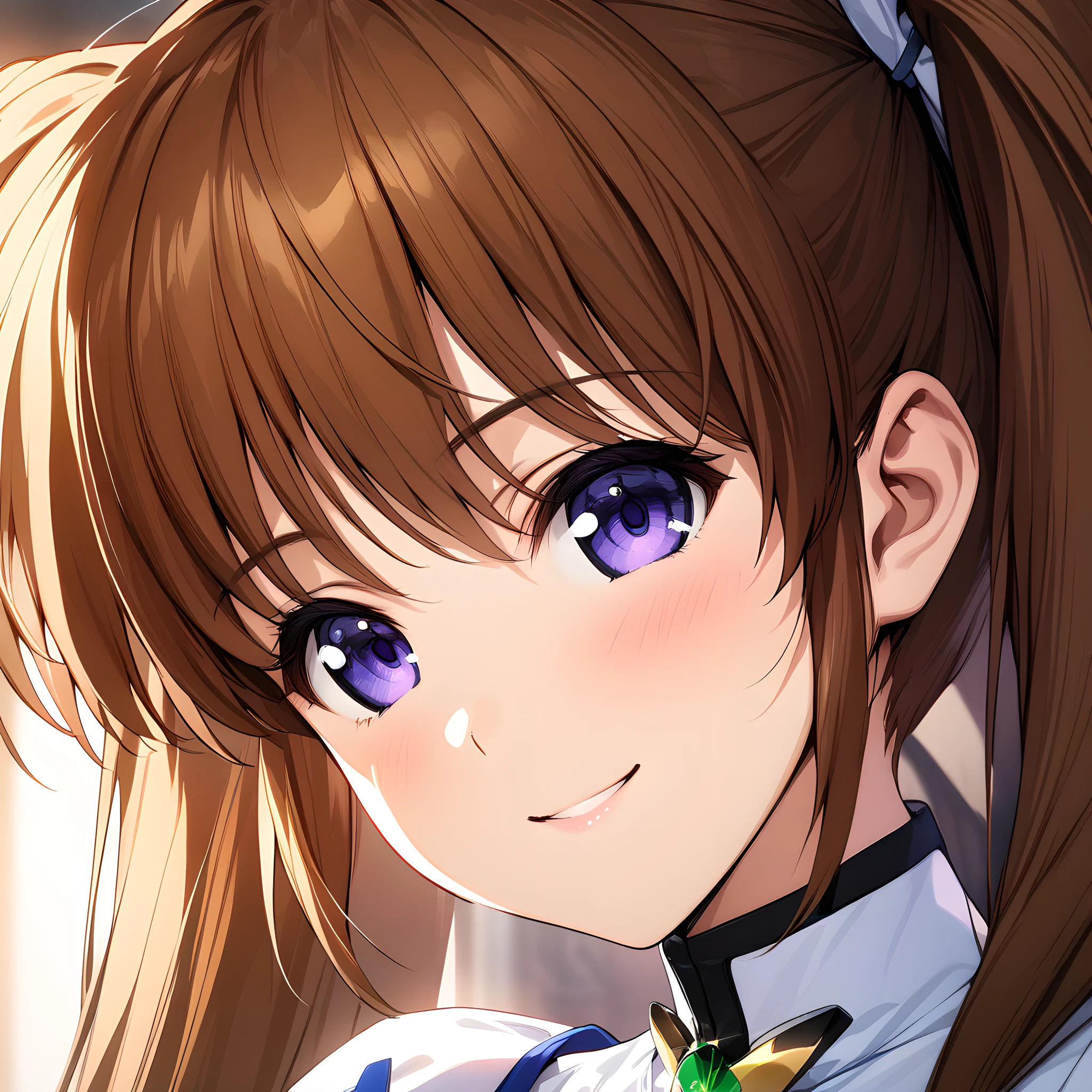 (masterpiece),(best quality),(ultra-detailed),(best illustration),(best shadow),(absurdres),(detailed background),(very aesthetic), takamachi_nanoha, 1girl, solo, twintails, brown hair, smile, close-up, portrait, magical girl, purple eyes, <lora:Takamachi_Nanoha:1>