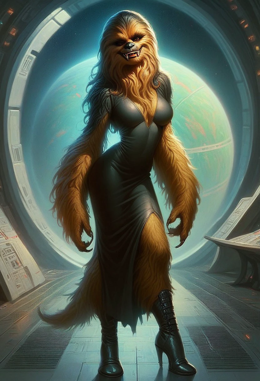 score_9_up, score_8_up, score_7_up, score_6_up, 1girl, solo, fem_w00kie, furry female, fur, fangs, claws, black dress, high heeled boots, standing on an alien planet, smile, (realistic), (painted art:1.3)