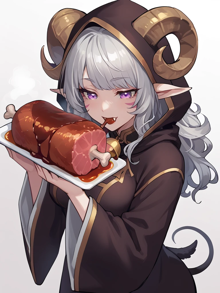 <lora:boned_meat_manga_meat:1> boned_meat, holding_food, fangs, holding boned_meat, steam on meat, eating, 
source_furry, score_7_up, rating_safe, cowboy shot, gold necklace, tiefing, short pointed ears,brown horns, (a pair of brown sheep Horns that begin at her temples and curve back: 1.5), bangs,long silver hair long wavy hair, pale skin,<lora:whisker_markings:0.8> whisker_markings:1.4 , pointy ears, purple eyes:1.2, <lora:age_slider_v4:0.6>   medium breasts, skinny female, close up, silver hair, <lora:Tieflingnew weird fantasyDND:0.3> Tiefling, pointed ears, horns, from above,  half-closed eyes:1.5,<lora:Smooth Style 2 SDXL_LoRA_Pony Diffusion V6 XL:0.5>  shepherd's crook, bell, robe, hood off, <lora:Nanoless_Artist_Style_PonyXL:0.3>