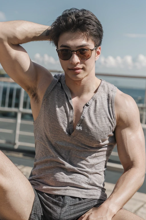 aleckevin, face, muscular, sunglasses, sitting, leaning, mesh shirt tank top, armpits, biceps, (highres, ultra detailed) ((masterpiece)), ((best quality:1.1)), High Resolution, 8k,1boy, best quality, masterpiece, (photorealistic:1.4), 4k, high quality, masterpiece, best quality, dynamic poses, looking at viewer, alec <lora:aleckevin:1>