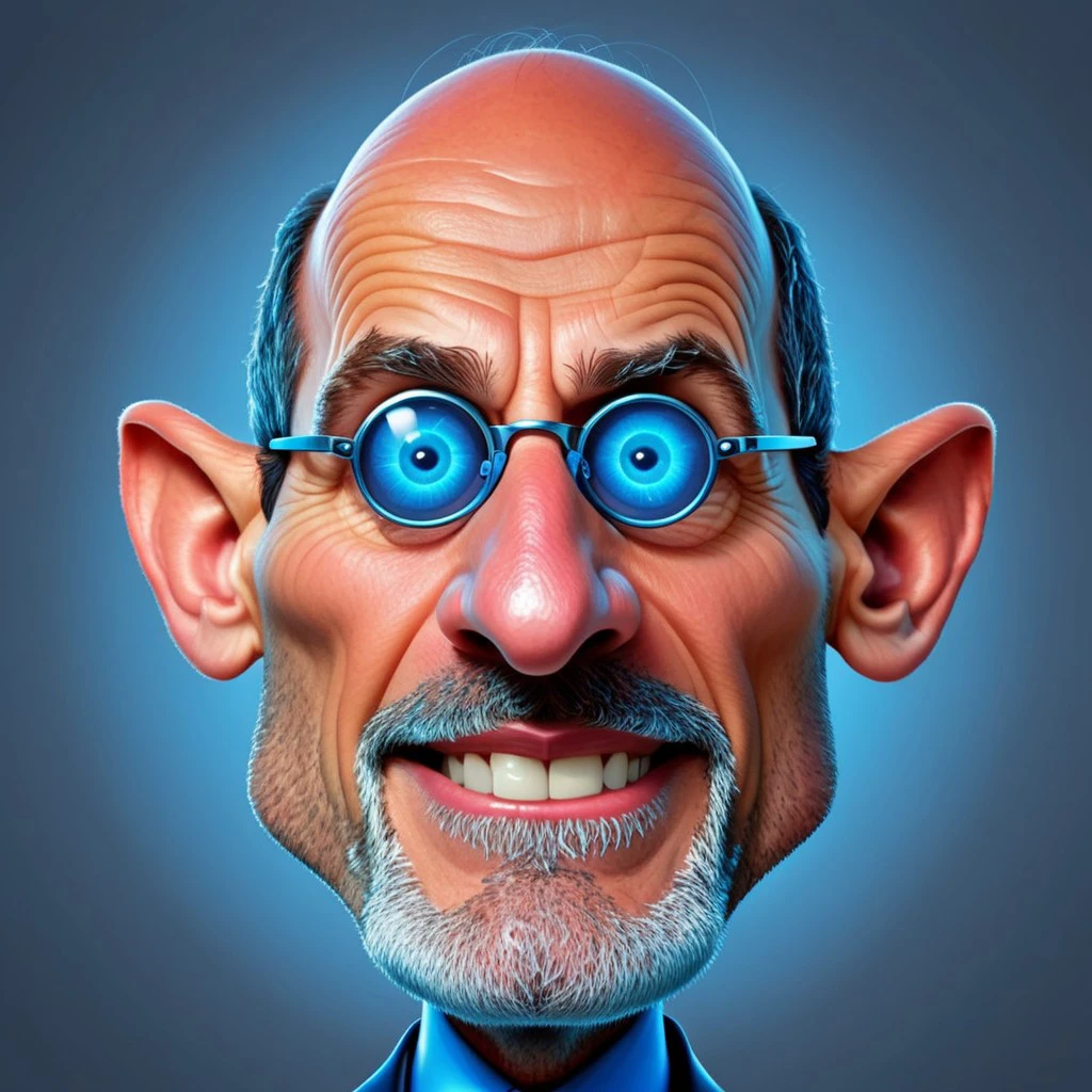 Envision a man in his late 50s, known as the “Tech Guru”. His most prominent feature is his oversized, square glasses that reflect lines of code. His eyes, full of wisdom and curiosity, are magnified comically large behind the lenses. His forehead is broad and high, symbolizing his vast knowledge. His ears are large and elf-like, always ready to listen to new ideas. His nose is long and pointed, resembling a mouse cursor. His mouth is wide with thin lips, often breaking into a warm, inviting smile. His facial hair is a mix of grey and neon blue, shaped precisely into a futuristic goatee. His skin has a metallic sheen, hinting at his love for technology. This caricature blends exaggerated human features with a touch of digital surrealism, creating a humorous yet endearing image