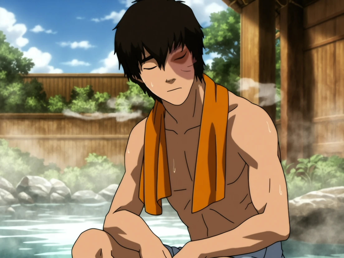 score_9, score_8_up, source_anime, anime coloring, anime screenshot, 1boy, solo, zuko, redemptionoutfit, cowboy shot, medium hair, burn scar, blue sky, sitting, onsen, steam, sweating, shirtless, skinny male, shy, neutral face, towel around neck, closed eyes, relaxing, from slightly above, feet out of frame, partially submerged, knees