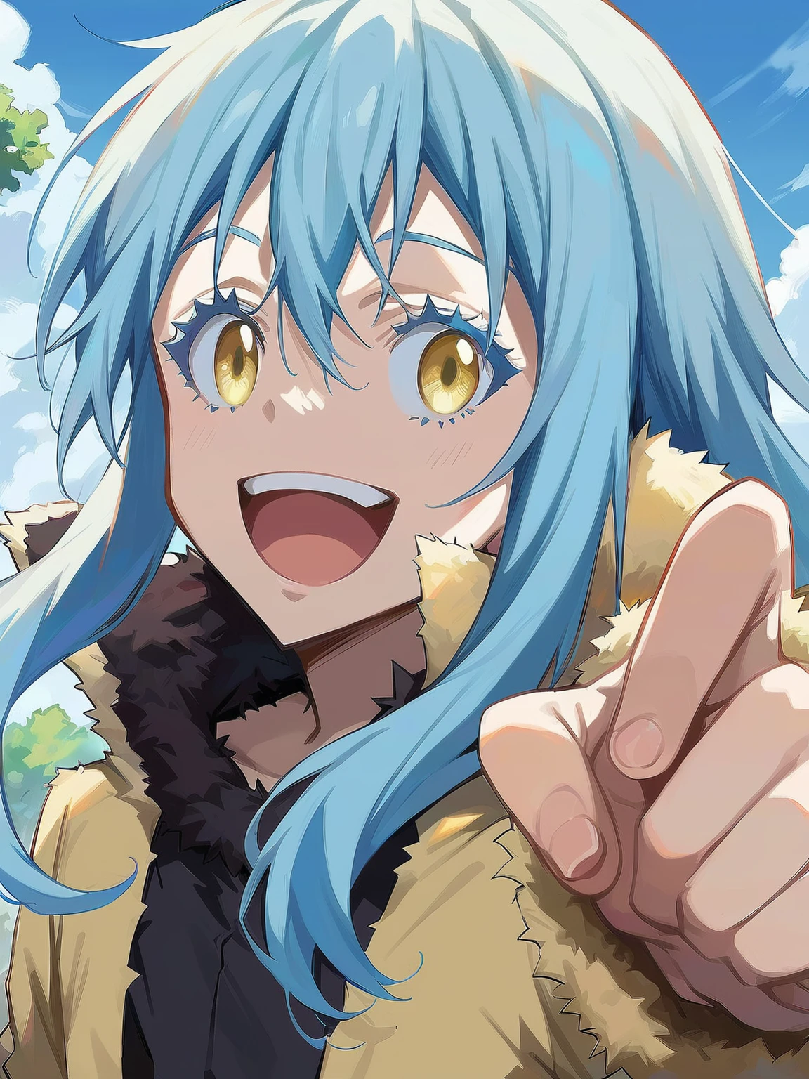 anime_source, <lora:Rimuru:0.8> ri_ru, 1boy, blue hair, long hair, blue eyebrows, long blue eyelashes, yellow eyes, (happy:1.2), score_9, score_8_up, score_7_up,