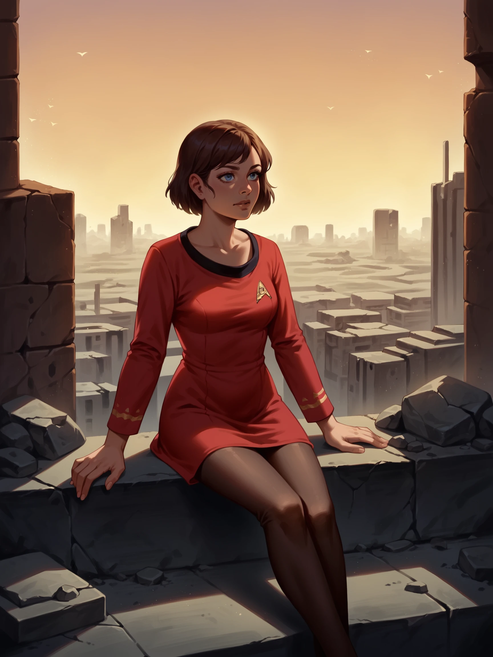 score_9, score_8_up, score_7_up, score_6_up, score_5_up, score_4_up, 1girl in stunf,star trek uniform red dress, solo, outdoors, animal, blue eyes, device, brown hair, ruins mechs, robotics, rubble, city, sky, night, neons, short hair, sitting, fumes, danger, scenery, long sleeves,pantyhose<lora:ponytosnewV2:0.8>