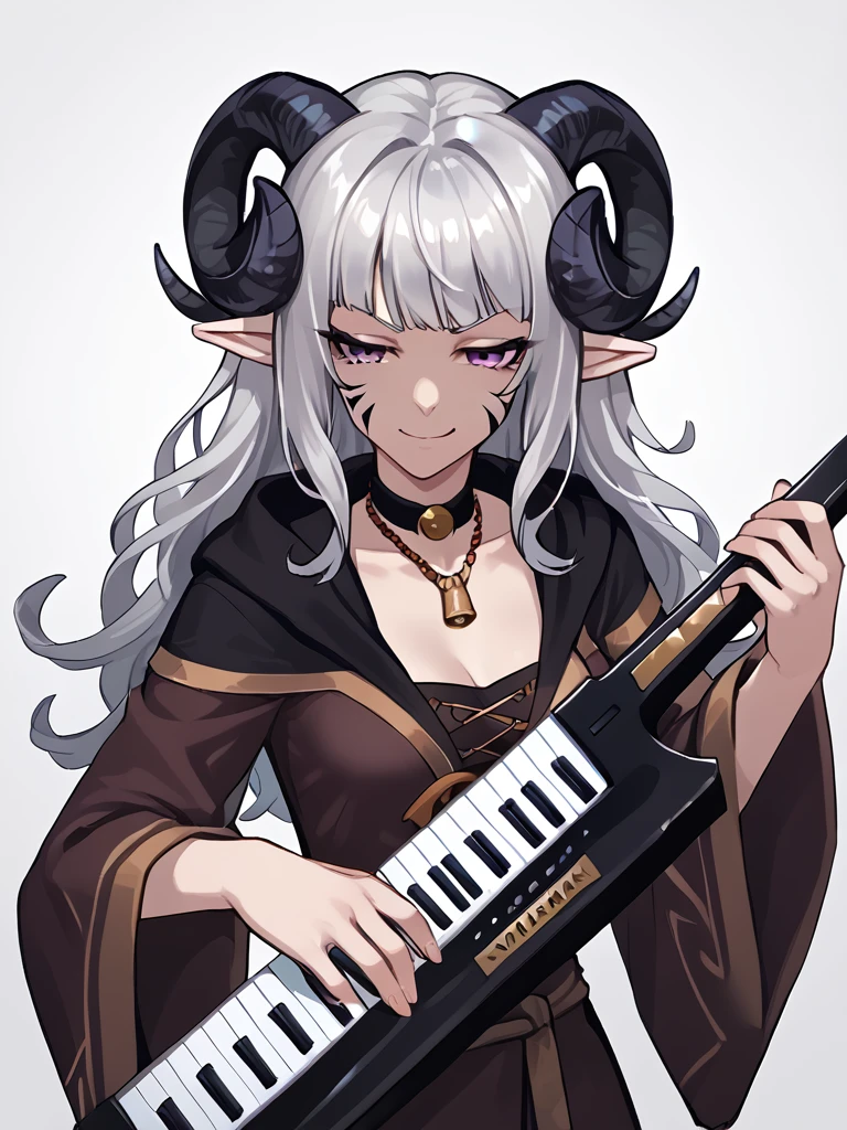 <lora:keytar:1> keytar, holding instrument, source_furry, score_7_up, rating_safe, cowboy shot, gold necklace, tiefing, short pointed ears, horns, (a pair of brown sheep Horns that begin at her temples and curve back: 1.5), bangs,long silver hair long wavy hair, pale skin,<lora:whisker_markings:0.8> whisker_markings:1.4 , pointy ears, purple eyes:1.2, <lora:age_slider_v4:0.6>   medium breasts, skinny female, close up, silver hair, <lora:Tieflingnew weird fantasyDND:0.3> Tiefling, pointed ears, horns, from above, angry, half-closed eyes:1.5, smile mouth:1.2,<lora:Smooth Style 2 SDXL_LoRA_Pony Diffusion V6 XL:0.5> bell, robe, hood off, <lora:Nanoless_Artist_Style_PonyXL:0.3>   , shaded face:1.2,