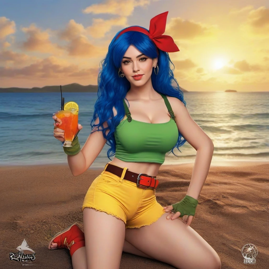 comic full body portrait 1girl, yellow short, green crop top, rel belt,blue hair, midriff, fingerless gloves, long hair, red hairband, navel, large breast, having a cocktail on island beach, sunset  <lora:Lunch1024:0.8> . graphic illustration, comic art, graphic novel art, vibrant, highly detailed