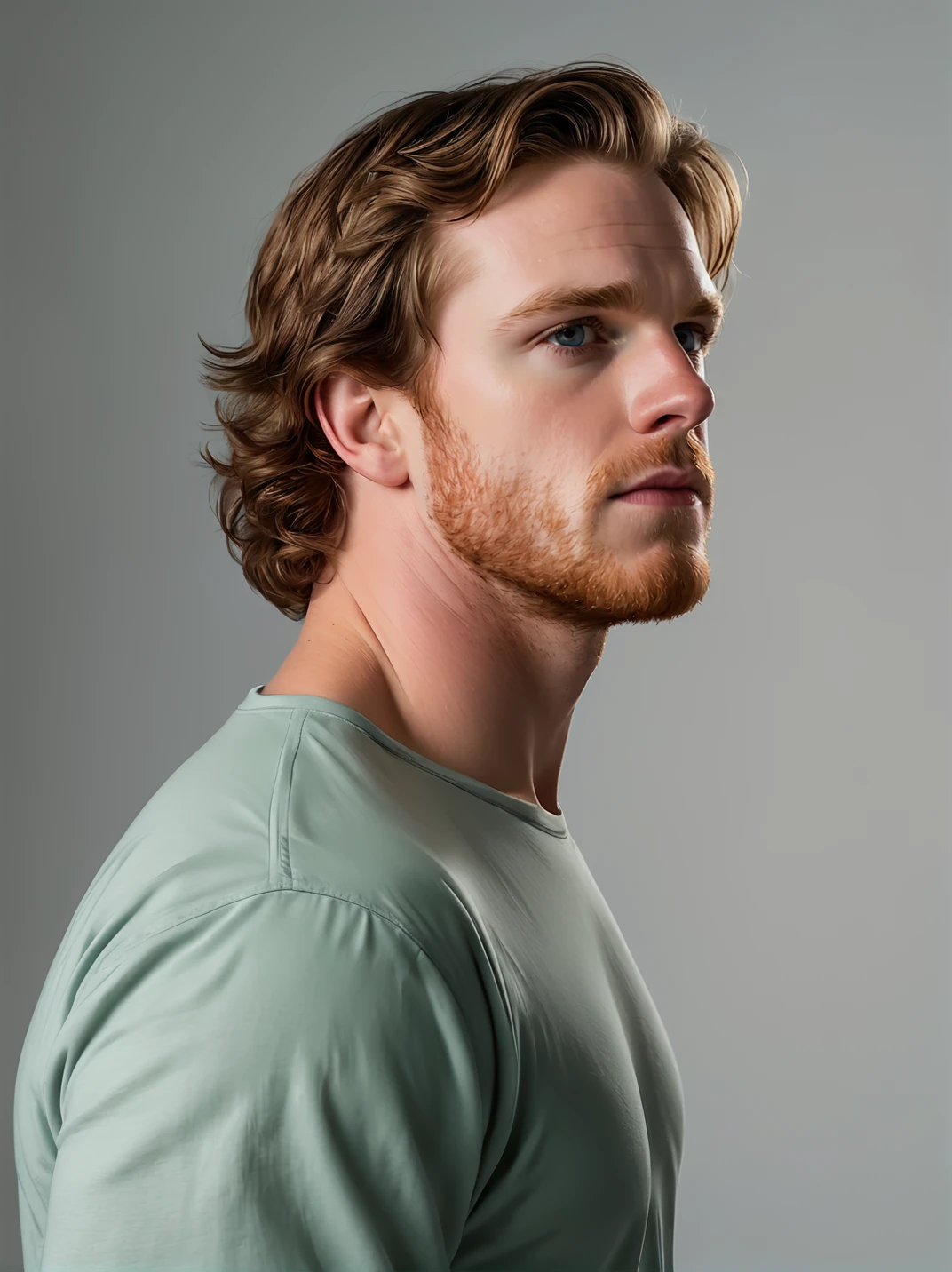 aaronsynthxl, studio portrait, realistic,
neutral expression,  
simple background,  
profile:2, looking away:2, from the side,
from above,