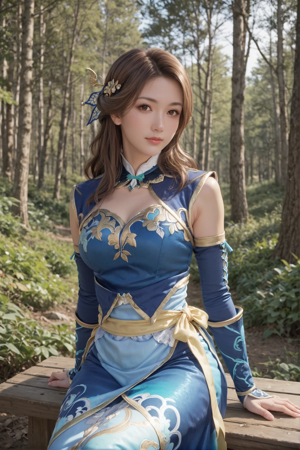 score_9, score_8_up, score_7_up, 1girl, solo, brown hair, long hair, blue dress, brown eyes, hair ornament, sit, outdoors, forest, looking at viewer, detached sleeves, tight, <lora:Zhang_Chunhua_Dynasty_Warrior:0.7>