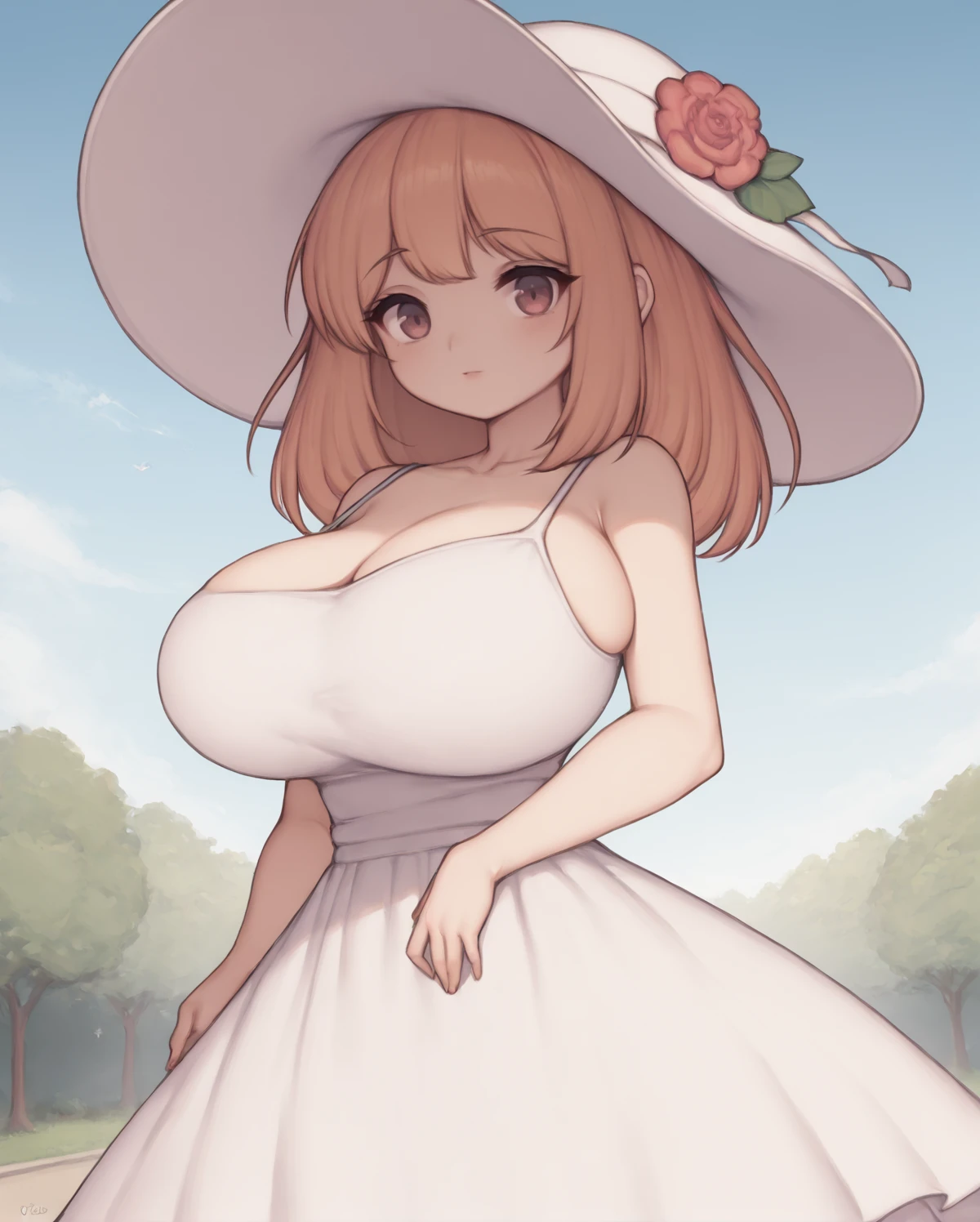 score_8_up, score_9_up, human, female, big breasts, dress, outside, sun hat, wide brim hat, pretty, solo, windy, park, <lora:Type_Moll_Artist_Style:0.8> <lora:pony_good_hands:1>