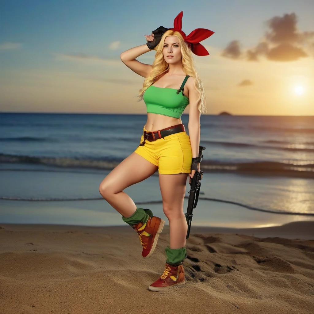 cinematic photo full body portrait 1girl, yellow short, green crop top, rel belt,blond hair, midriff, fingerless gloves, long hair, red hairband,  navel, large breast, holds weapons on island beach,  sunset<lora:Lunch1024:0.8> . 35mm photograph, film, bokeh, professional, 4k, highly detailed