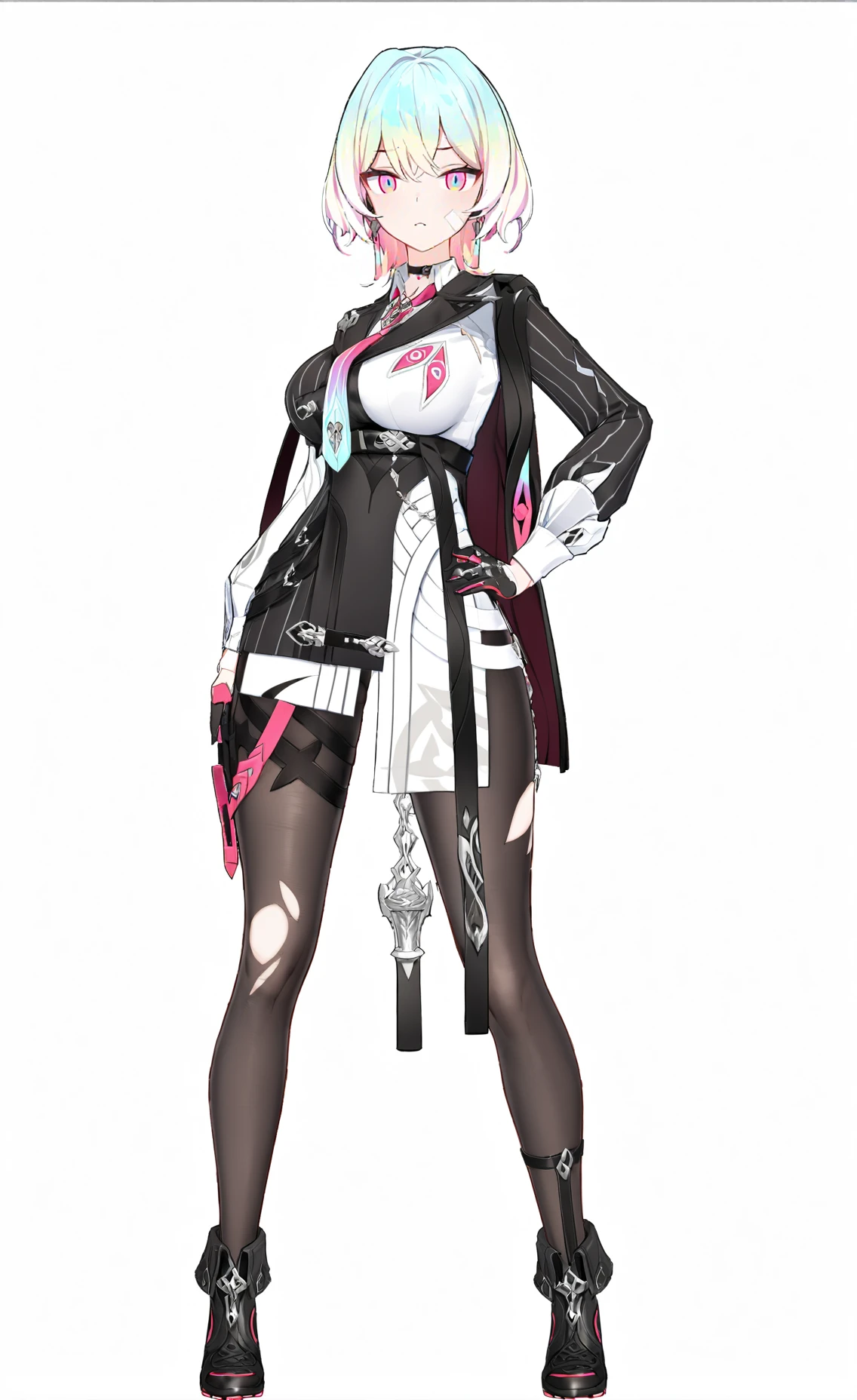 score_9, score_8_up, score_7_up, score_6_up, 8k,
8k, best quality, masterpiece, (ultra-detailed), (high detailed skin), white background, simple background,
(full body), (white background), standing, looking at viewer, (solo), hand on hip,
<lora:Lantern-A3-Tanger:0.8>, dengsfl, def clothes, multicolored hair, 1girl, multicolored eyes, gloves, pantyhose, black footwear,