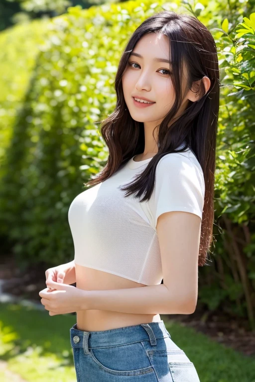 Highest quality、Highest quality、、masterpiece、Brown Hair、ponytail、Beauty、Gal、summer、smile、Young Japanese Woman、lightly larger breasts、Sexy Looks、Beautiful feet、Sexy pose、T-Shirts、I can see your underwear
