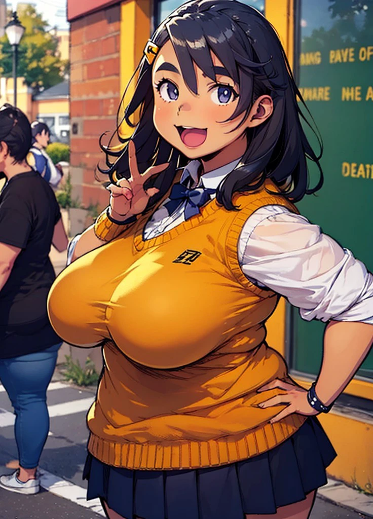 1girl, young, fat, chubby, chubby arms, standing, smile, happy, hand on hip, happy, having fun, <lora:torpedobreastsv:0.1>, sagging breasts, <lora:Sagging breasts:0.5>, overweight, midoriya_inko, <lora:charinkomidoriyav:0.2>, shameless, proud, happy, scenary, juicy breasts, oppai, sassy, convinced, tanned, dominant smile, excited, solo, alone, single, open mouth, tomboy, hair over shoulders, MizukiUsami, black hair, thick eyebrows, golden hairclip, long hair, large breasts, dark skinned, 1girl, solo, eyelash, Hairclip, hair ornament, open eyes, eyes, :3, wrist cuffs, sweater vest, college uniform, pleated skirt, yellow vest, white sleeves, college neighborhood, morning,, <lora:Fat:0.3>, <lora:0fdb1eda-7961-4da6-ae46-524b879a03ec:0.5>, <lora:da9a8a04-2ae8-4fc9-9758-a4ae0d98754c:0.1>, <lora:cdb3afd7-c4d8-41a0-bb75-d88caa105463:1.0>