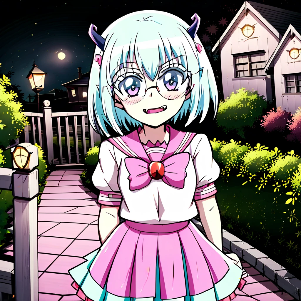 best quality, masterpiece, detailed, Crocell Kerori, smile, closed mouth, light blush, happy, light blue hair, short hair, blue eyes, horns, round eyewear, colored eyelashes, KeroriSchoolUniform, school uniform, serafuku, pink skirt, bow, standing, looking at the viewer, halloween, outdoors, night