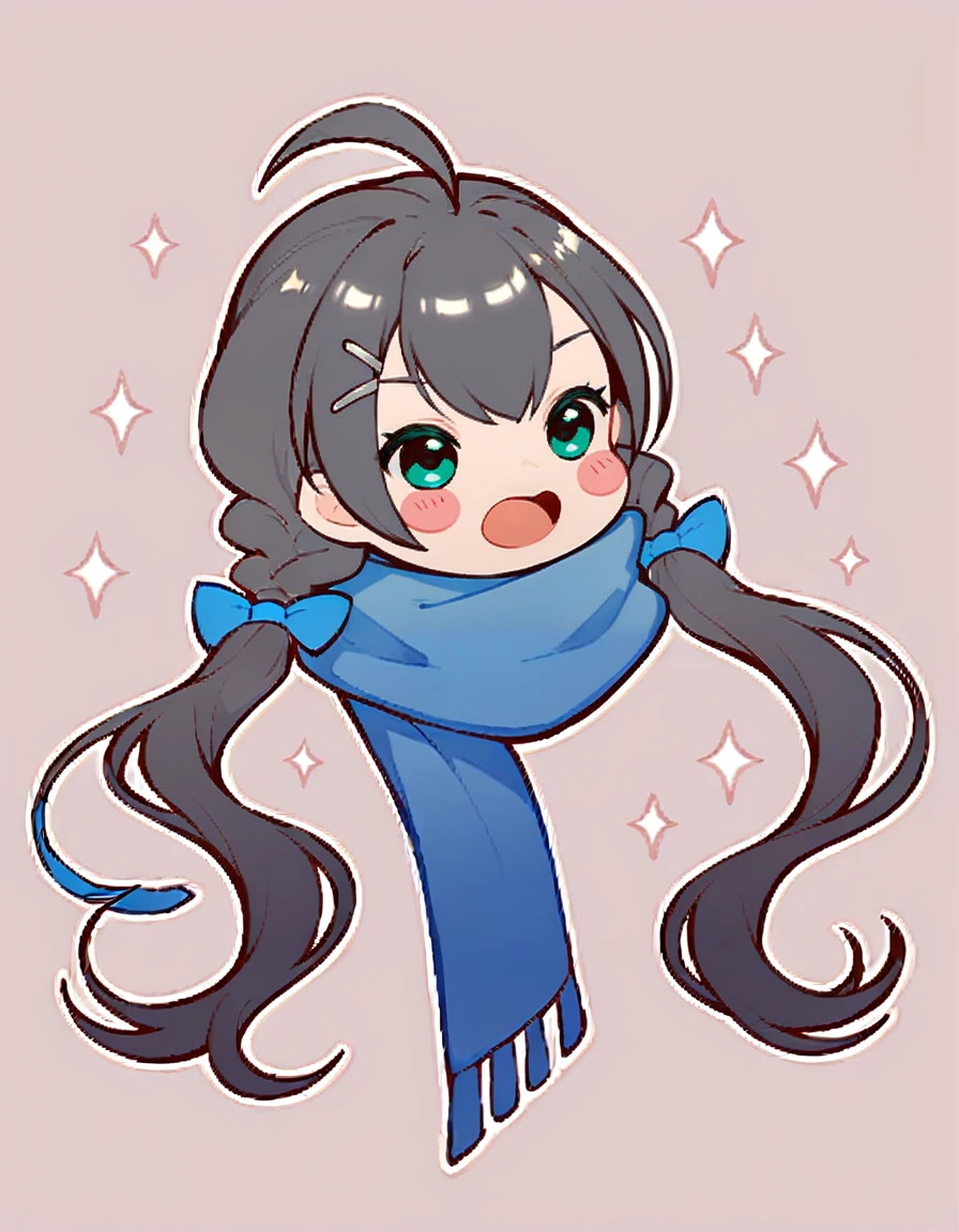 score_9,score_8_up,score_7_up,
<lora:aiwei_pony:0.9>,aiwei, 1girl, solo, chibi, blue scarf, scarf, long hair, hair ornament, ahoge, twintails, open mouth, black hair, braid, hairclip, bow, hair bow, blush stickers, transparent background