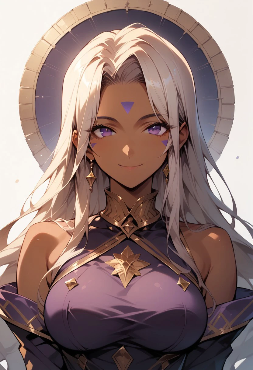 score_9, score_8_up, score_7_up, score_6_up, masterpiece, ultra detailed, best quality, source_anime, Expressiveh, zPDXL, BREAK, 1girl, smile, closed mouth, Urd, dark-skinned female, large breasts, purple dress, golden trim, detached sleeves, golden choker, purple elbow gloves, cowboy shot, simple background, delicate features, soft lighting, warm colors, pastel colors, detailed face