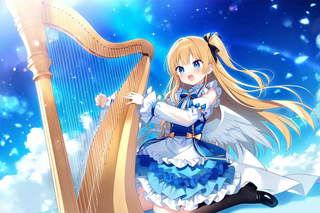 1girl,yano mitsuki \(nanairo\), tsunako,nonbire, aisa \(kari\), mika pikazo, gukurosawa01, totoki86,
solo,blonde hair,long hair,one side up,blue eyes,frilled dress,see-through,harp, wariza,playing harp,from below, dutch angle, <lora:harpSY:1>, masterpiece, newest, absurdres,safe