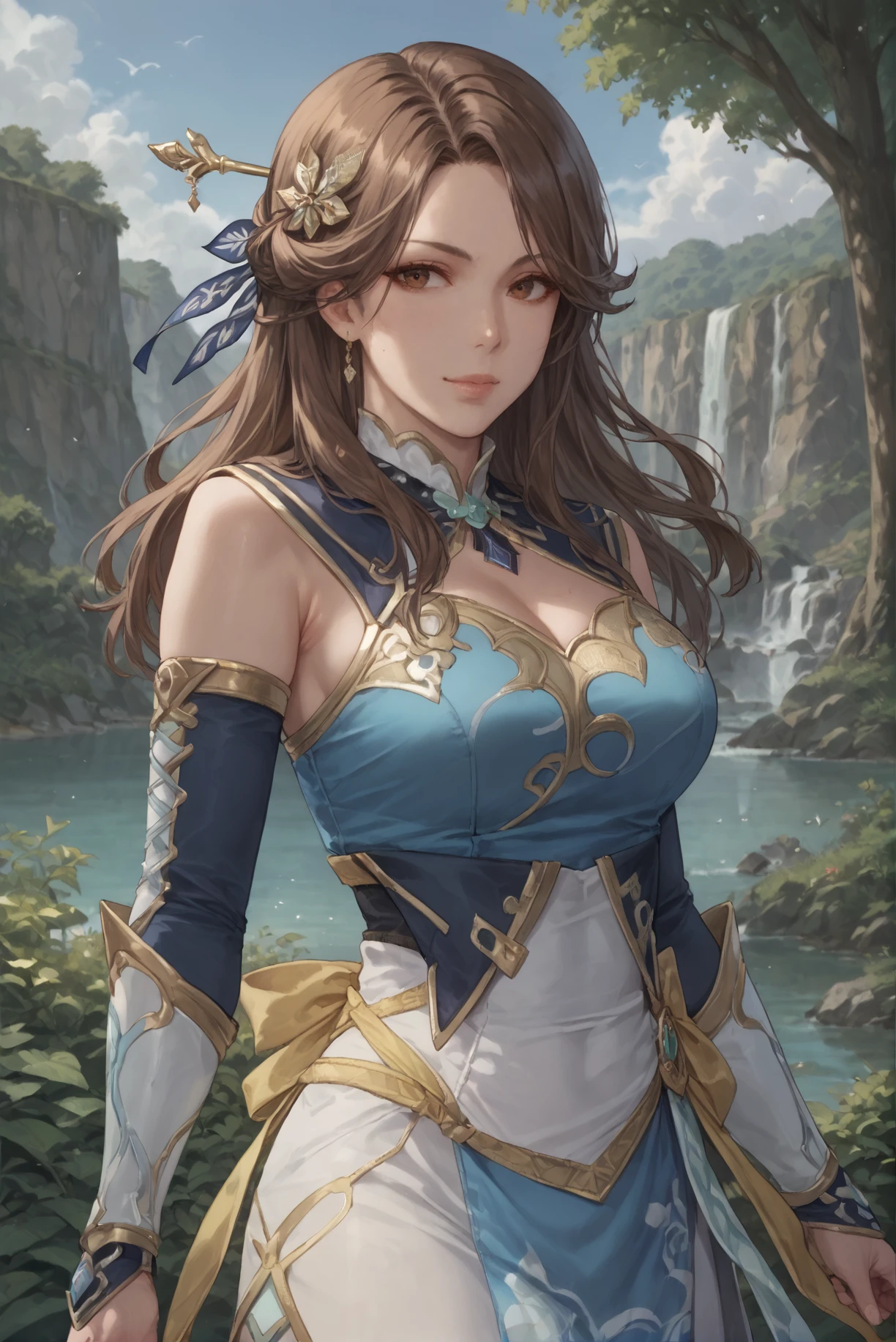 score_9, score_8_up, score_7_up, 1girl, solo, brown eyes, brown hair, hair ornament, dress, detached sleeves, long hair, hand on arm, looking at viewer, half body shot, <lora:Zhang_Chunhua_Dynasty_Warrior:0.8>