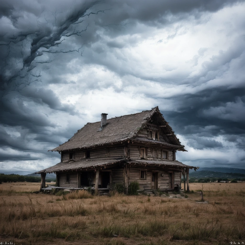zenno style, an abanboned house, storm, wind, thunder, <lora:Zennosuke_style:1>
