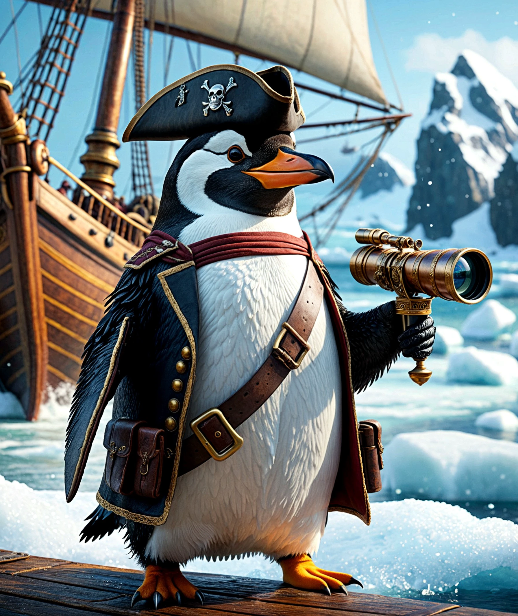 A penguin in a pirate outfit, leading a ship of penguin pirates through icy waters, shouting commands and looking through a telescope. (masterpiece, award winning artwork) many details, extreme detailed, full of details, Wide range of colors, high Dynamic <lora:add-detail-xl:1> <lora:WildcardX-XL-Detail-Enhancer:1> <lora:MJ52:0.375> <lora:CinematicStyle_v1:0.42>