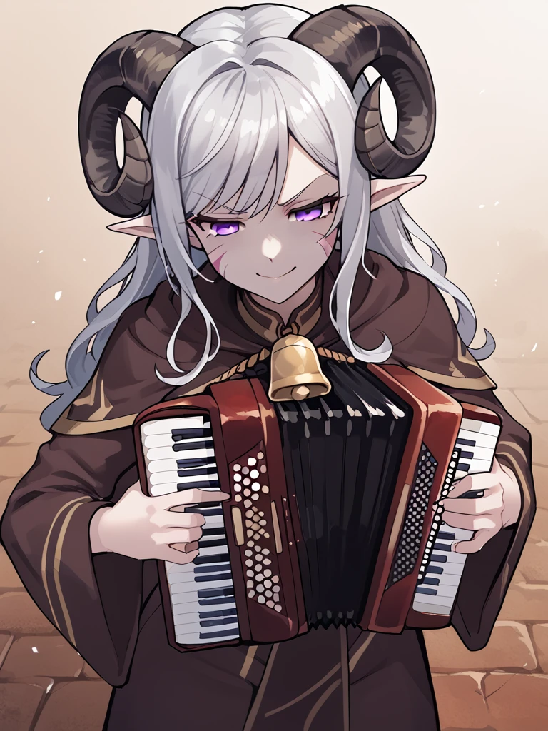 <lora:accordion:1> accordion, holding instrument, playing instrument,  source_furry, score_7_up, rating_safe, cowboy shot, gold necklace, tiefing, short pointed ears, horns, (a pair of brown sheep Horns that begin at her temples and curve back: 1.5), bangs,long silver hair long wavy hair, pale skin,<lora:whisker_markings:0.8> whisker_markings:1.4 , pointy ears, purple eyes:1.2, <lora:age_slider_v4:0.6>   medium breasts, skinny female, close up, silver hair, <lora:Tieflingnew weird fantasyDND:0.3> Tiefling, pointed ears, horns, from above, angry, half-closed eyes:1.5, smile mouth:1.2,<lora:Smooth Style 2 SDXL_LoRA_Pony Diffusion V6 XL:0.5> bell, robe, hood off, <lora:Nanoless_Artist_Style_PonyXL:0.3>   , shaded face:1.2,