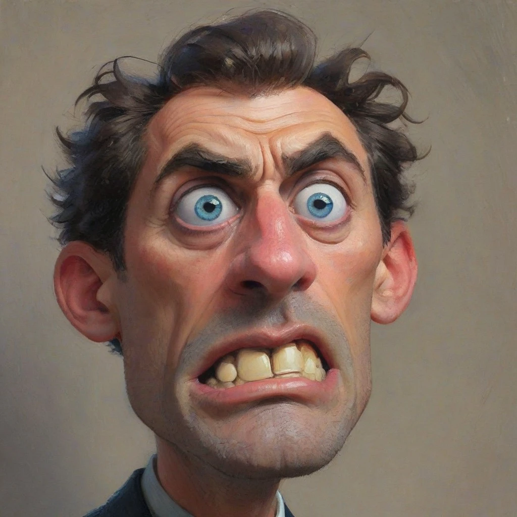 Create a caricature of a man with exaggerated features, capturing a surprised and bewildered expression. His face is elongated with high, furrowed brows and wide, bulging blue eyes. The nose is large and prominent, while the mouth is extremely wide with thick lips and uneven, prominent teeth. His hair is styled in wild, disheveled spikes, adding to the dramatic look. The cheeks are slightly hollow, accentuating the elongated face, and a hint of a beard frames his jawline. The background is a soft, neutral gradient to keep the focus on his exaggerated, expressive features