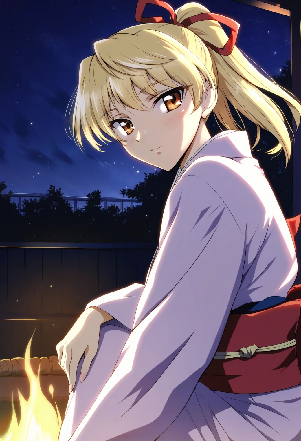 <lora:sawachika_eri_ponyxl_v8:1>, sawachika eri, ponytail, hair ribbon, red ribbon, solo, looking at viewer, sitting,
light purple kimono, multicolored sash,
outdoors, night, starry sky, bonfire, orange light, backlighting,
score_9, score_8_up, score_7_up, score_6_up, anime coloring, (hara \(harayutaka\):0.5), (m-da s-tarou, asou \(asabu202\):0.5), masterpiece, best quality, perfect lighting, perfect shadows