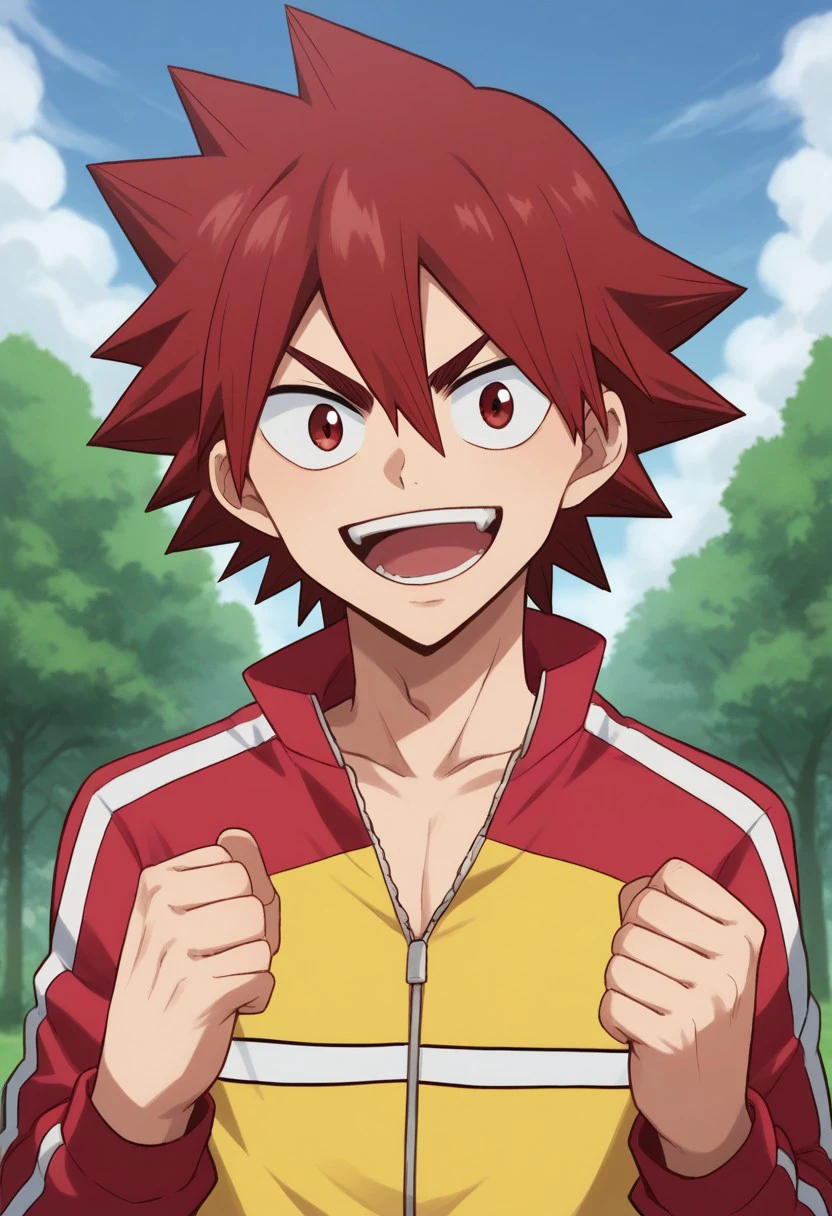 score_9, score_8_up, score_7_up, source_anime, highly detailed, 
naruko, male focus, 1boy, open mouth, solo, red hair, upper body, jacket, red eyes, track jacket, spiked hair, clenched hands, raised hands, teeth, looking at viewer, smile,
hair between eyes, long sleeves,
outdoor, sky, tree,