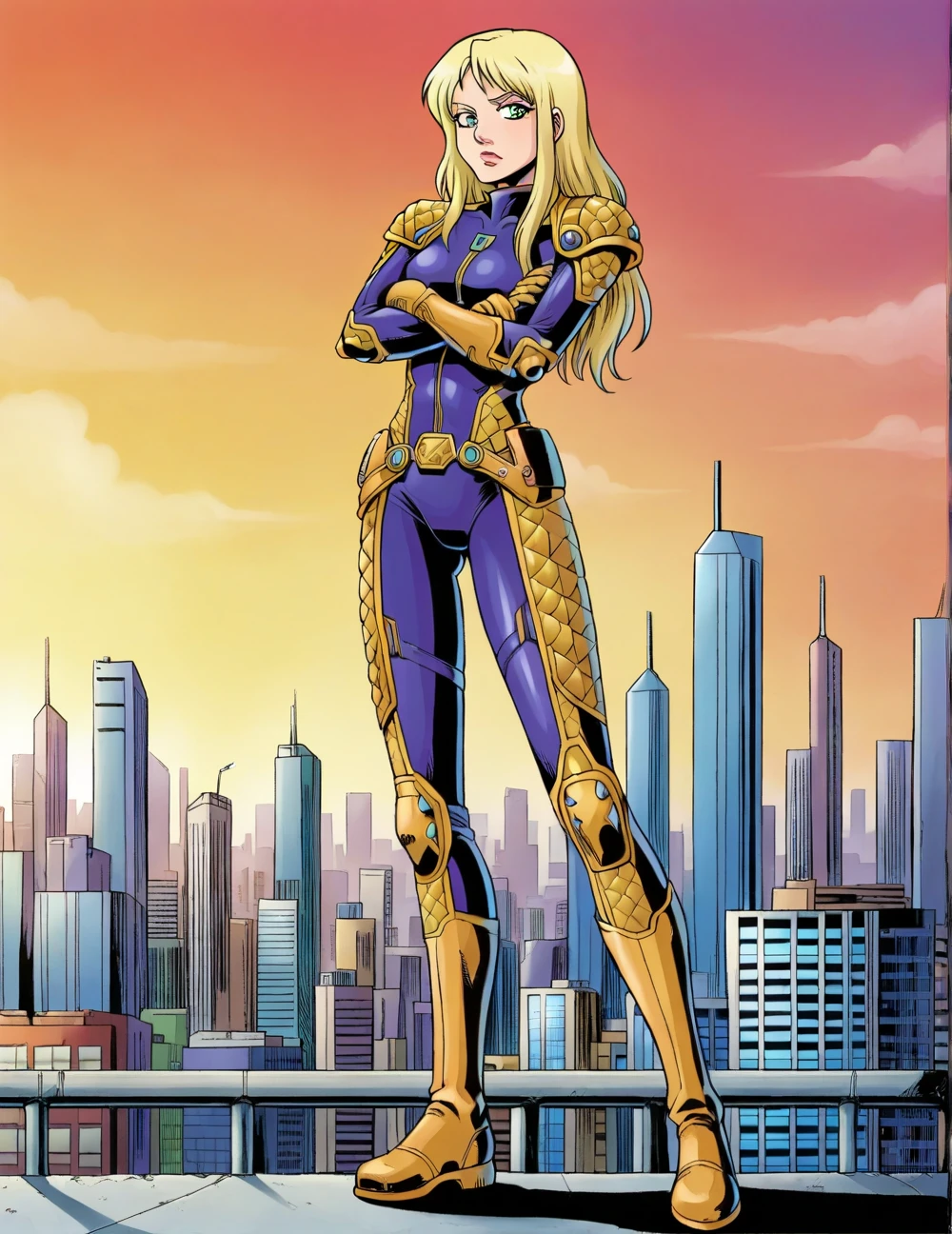 1girl,gurisw, <lora:GuriPony-000021:0.7>,standing,bodysuit,armor,shoulder armor,shoulder pads,knee pads,boots,long hair,crossed arms,in skyscraper,futuristic cityscape