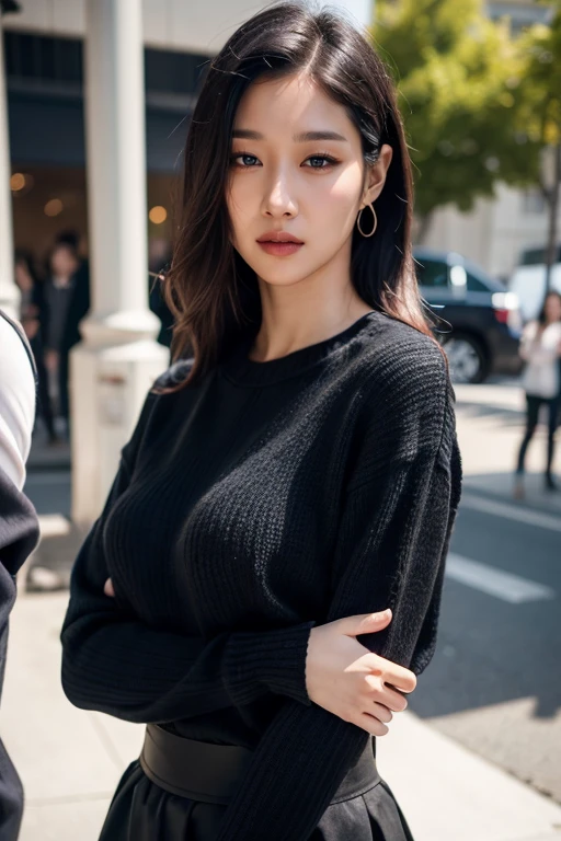 <lora:xxyejilite:1> (hyperrealism), (photorealistic), (realistic:1.4), best quality, masterpiece, xxyeji, 1girl, looking at the viewer, makeup, detailed eyes, detailed face, (upper body photo:1.2), black sweater, waist, outdoors