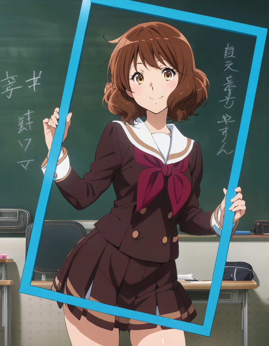 masterpiece, best quality, ultra detailed, highres,4k,(ultra-detailed:1.4) (illustration:0.5), (ray tracing,:0.8),(anime colored:0.7),(ai-generated:0.5),
1girl,solo,
<lora:oumaekumiko3.1XL1:0.8>,oumaekumiko,
brown hair,brown eyes,short hair,
kitauji high school uniform,,red neckwear,pleated skirt, white sailor collar,buttons,long sleeves,
smile,
cowboy shot,
<lora:euphoniumcharacterXL1:1>,euphoniumcharacter,
classroom,blackboard,
character name, picture frame, blue screen,fake screenshot,