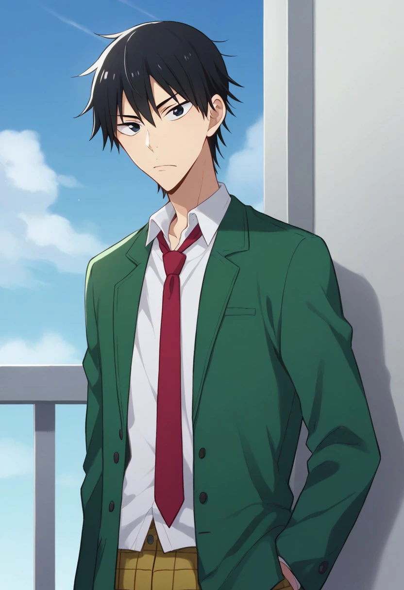 score_9, score_8_up, score_7_up, source_anime, highly detailed, 
imaizumi, 1boy, male focus, necktie, solo, school uniform, red necktie, black hair, sky, shirt, white shirt, black eyes, day, green jacket, jacket, looking at viewer, closed mouth, blue sky, collared shirt, open clothes, upper body, plaid pants, plaid, pants,