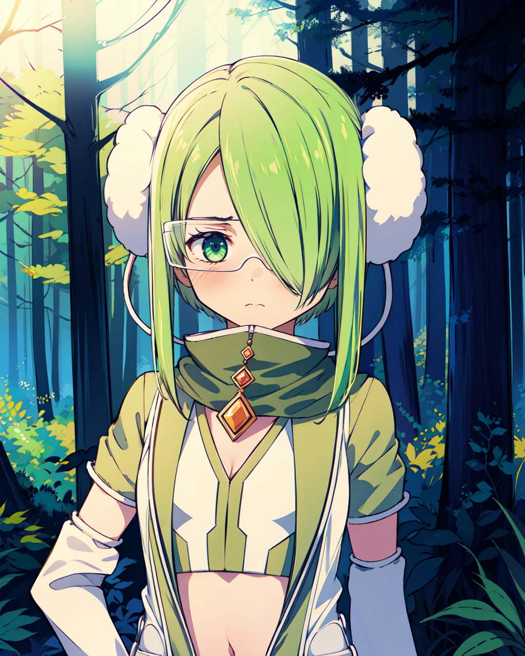 masterpiece, high quality, mgrcshiguremiyabi, 1girl, upper body, medium shot, green hair, green eyes, one eye covered, white earmuffs, green with white hoodie, white detached sleeves, green skirt, green with white top, high collar, orange gem on neck, protective glasses, sad, outdoors, forest, night, moonglare, <lora:mgrcshiguremiyabi:0.8>