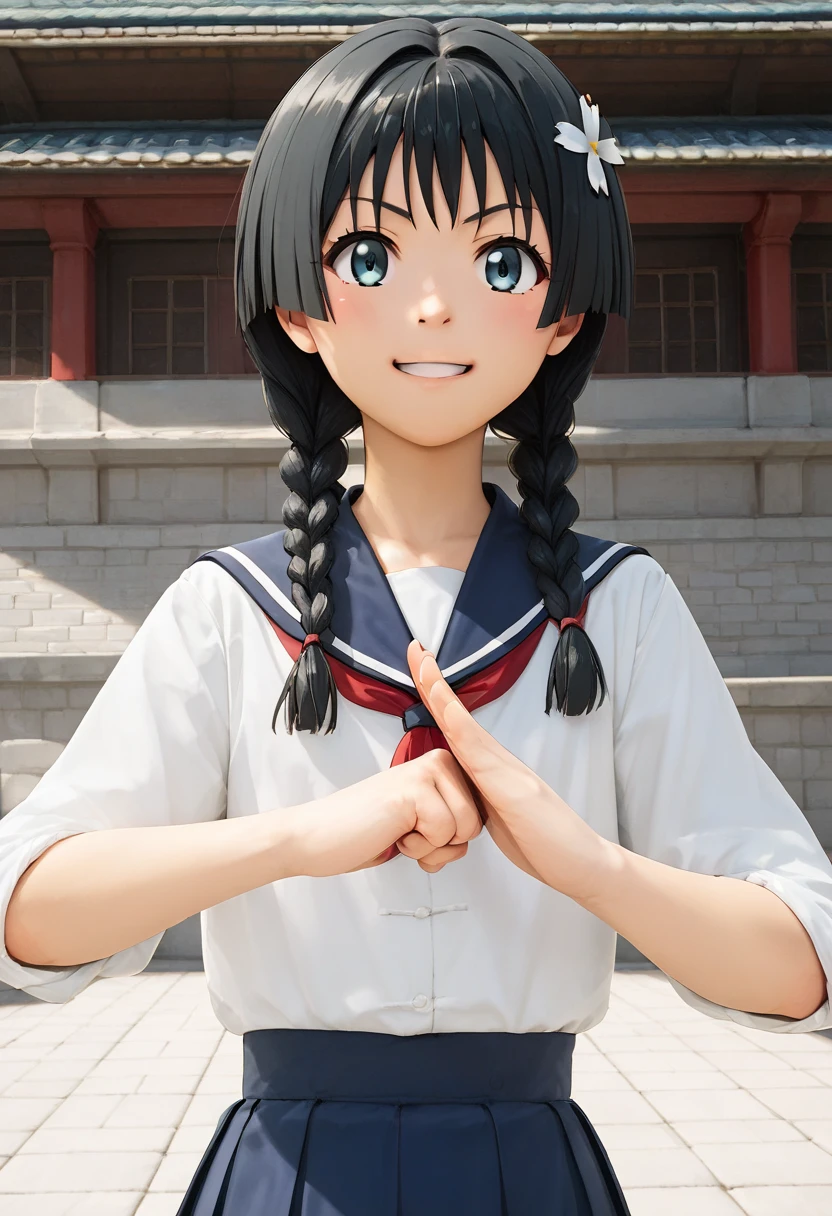 (fist-palm salute:1.5), score_9, score_8_up, score_7_up, source_anime, ultra detailed, 
Generate a picture of a girl making fist-palm salute in a big garden in front of a big traditional Chinese building,  (fist and palm folded in front), front view, light smile.
1girl has black hair which is made into twin braids  with bangs, wearing hair ornament and hair flower, yellowish skin, flat chest, slender body with narrow waist, round face with light blue eyes, wearing sakugawa school uniform
  saten ruiko, solo, 
 <lora:saten-ruiko-ponyxl-lora-nochekaiser:1>,<lora:fist-palm_salute_Pony:0.8>