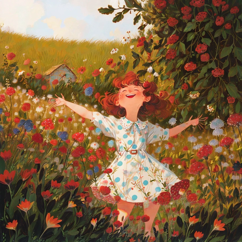 fredpillot style, 1girl, laughing, polka dot dress, garden in background, focus on face, <lora:Frédéric_Pillot_style_anime:1>