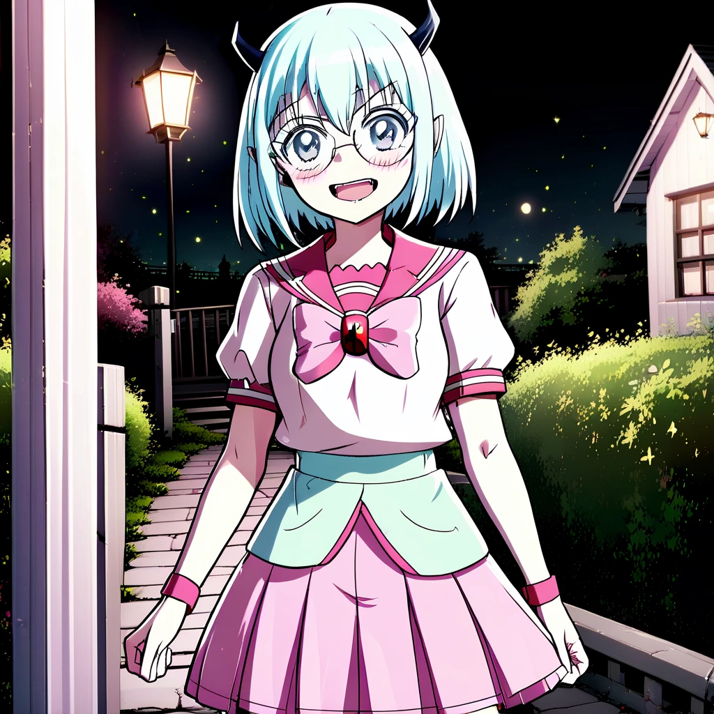 best quality, masterpiece, detailed, Crocell Kerori, smile, closed mouth, light blush, happy, light blue hair, short hair, blue eyes, horns, round eyewear, colored eyelashes, KeroriSchoolUniform, school uniform, serafuku, pink skirt, bow, standing, looking at the viewer, halloween, outdoors, night