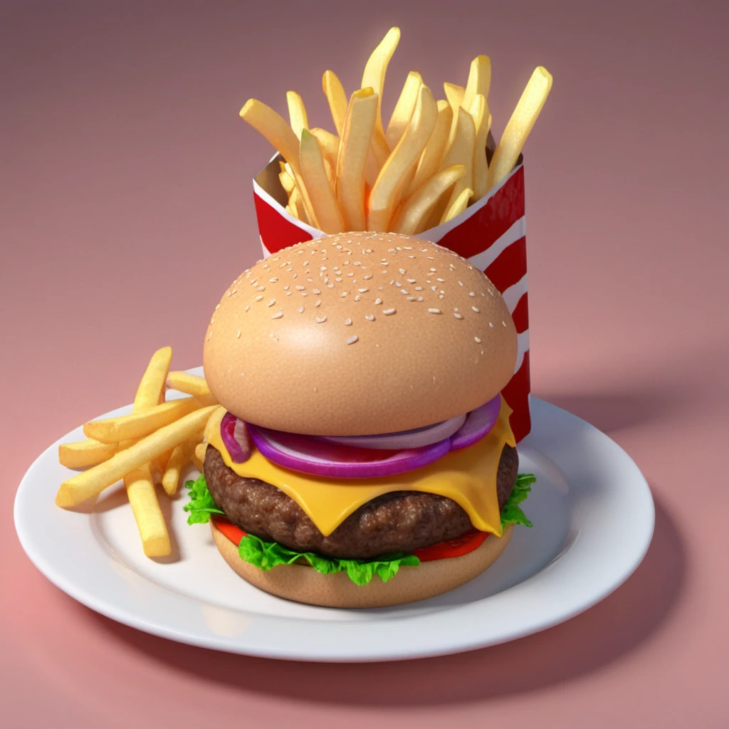 art by cc-3d,photo of a hamburger with fries