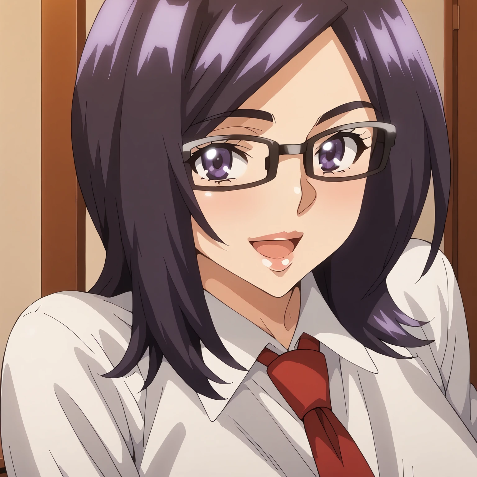 <lora:NatsumeKawashimaXLpony001>,
looking at viewer,smile,open mouth,
solo,
NatsumeKawashima,1girl,purple black hair,medium hair,purple eyes,eyewear,
large breasts,
white shirt,red tie,
upper body,
indoors,