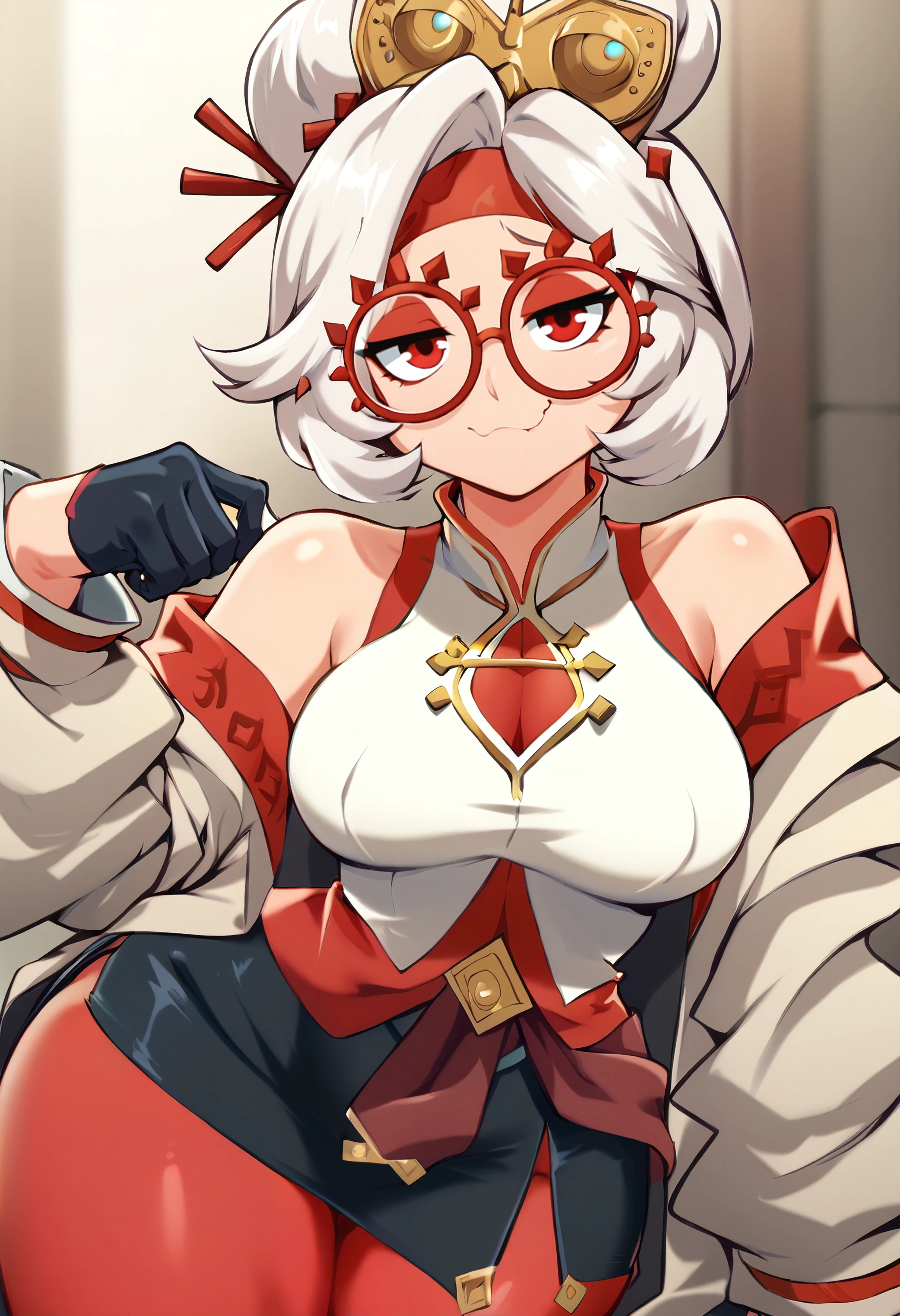 score_9, score_8_up, score_7_up, score_6_up, score_5_up, score_4_up, (source_anime), purah, 1girl, huge breasts, narrow waist, thick thighs, hair ornament, red headband, red glasses, sleeveless shirt, white coat, black skirt, red leggings, gloves, spread legs, high heels, brainwashed, hollow eyes,  cum in pussy,Selfie(((NSFW)))((question mark))((lower body))