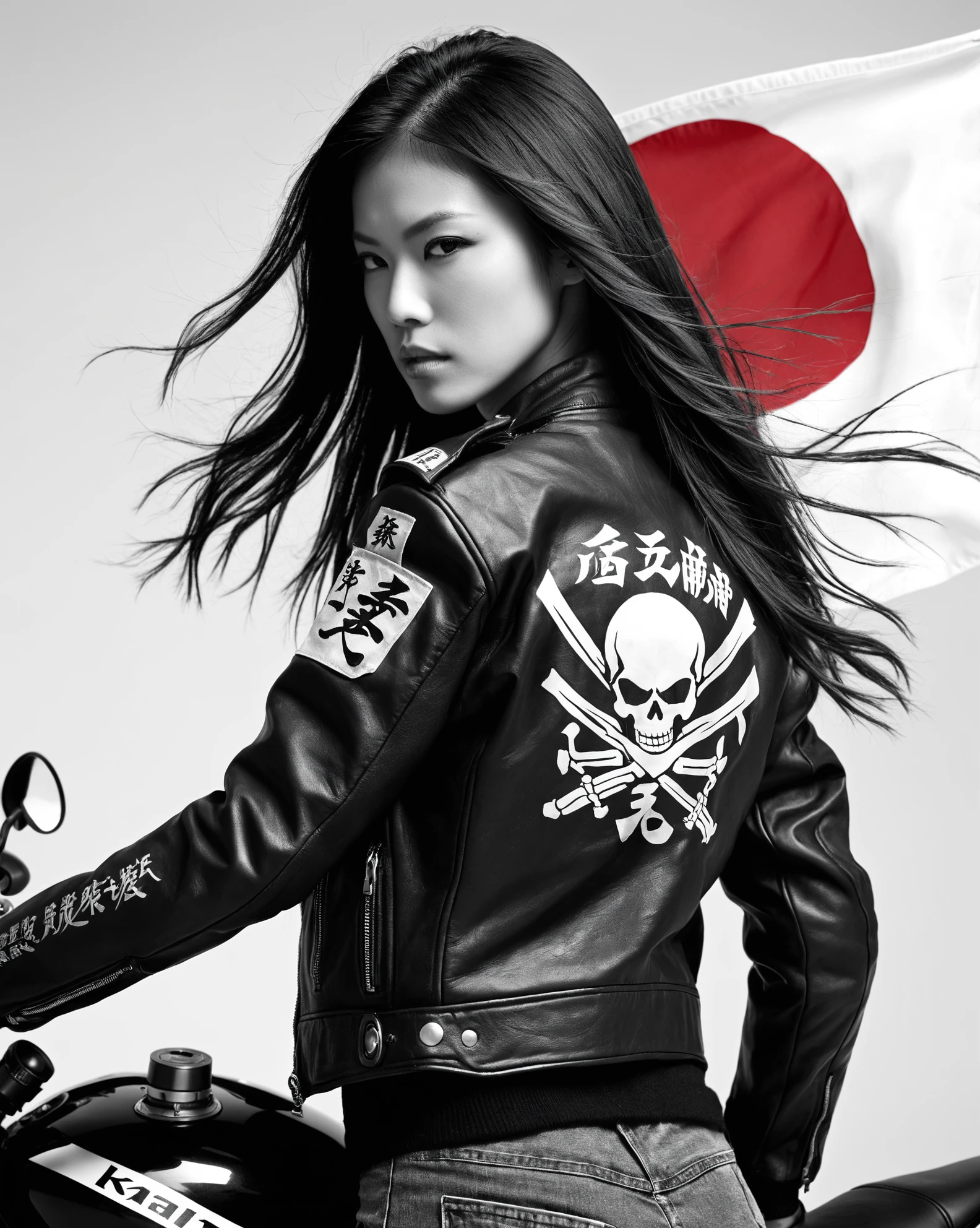 assassinkahb style, a black and white photo of a female assassin wearing a motorcycle jacket with japanese writing on the back, solo, simple background, white background, jacket, monochrome, upper body, greyscale, male focus, long hair in wind, weapon, clothes writing, skull, skeleton, japanese flag