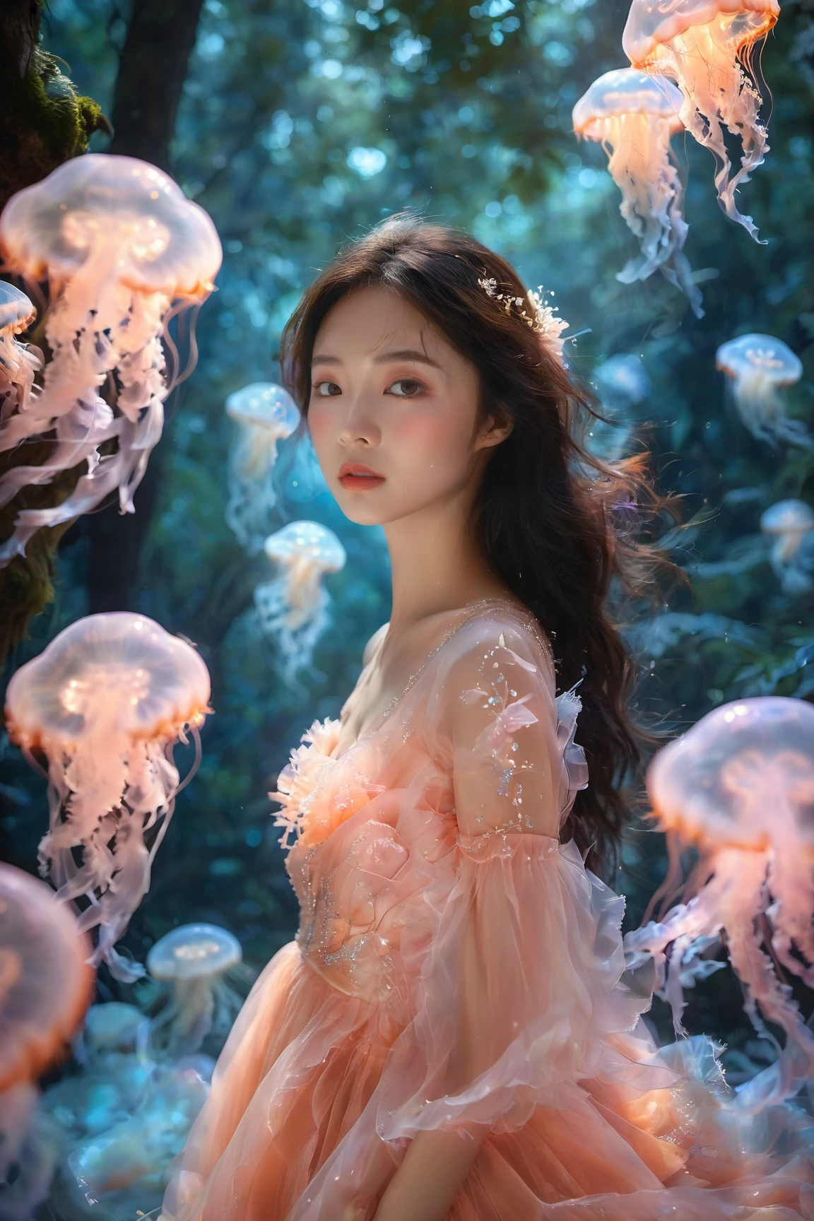 An Asian young woman with long flowing hair, adorned in a delicate sunset orange gown, surrounded by a mesmerizing autumn forest environment. She stands amidst a dance of luminescent jellyfish, which glow in hues of pink and blue. The backdrop is filled with falling leaves, punctuated by the soft glow of bioluminescent fungi and the gentle rustle of leaves. The woman's gaze is distant, as if lost in thought, while the jellyfish float gracefully around her, creating an ethereal and dreamlike atmosphere.<lora:EMS-310343-EMS:0.800000>, <lora:EMS-412760-EMS:0.800000>