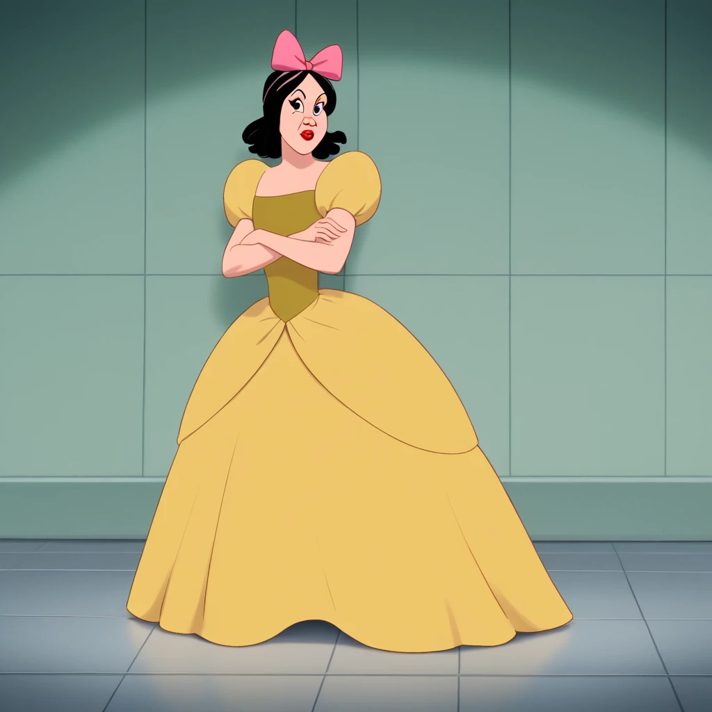 score_9_up, BREAK, Drizella, 1girl, solo, black hair, short hair, black eyes, lipstick, pink hairbow, dress, yellow dress, green top, puffy sleeves,  looking at viewer, <lora:DrizellaTremaine_PXL_Leaf1:1>, full body, crossed arms, floor length dress,