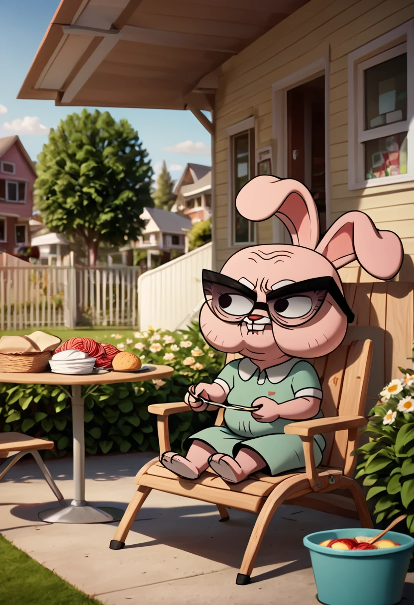 score_9, score_8_up, score_8,   <lora:Joanna_Jojo_Watterson_The_Amazing_World_of_Gumball_for_PonyXL_V2:0.8> 1girl, j0j0, bunny girl, old, solo,  glasses,  outdoors, knitting, sitting in chair, backyard,