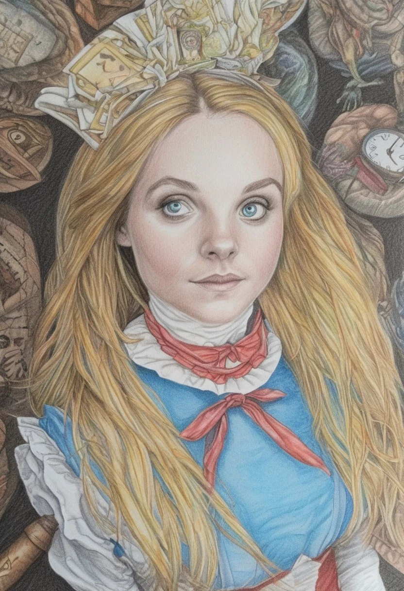 imcc style, alice in wonderland, portrait, color pencil drawing,